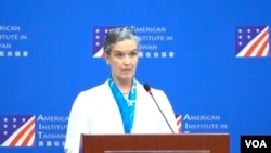 AIT处长孙晓雅2023年7月19日召开记者会，重申美国致力以和平方式维持台海现状。（美国之音特约记者方琦摄影）