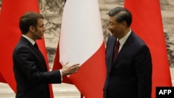 中國國家主席習近平在北京會晤到訪的法國總統馬克龍。（2023年4月6日）