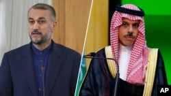 伊朗外交部長侯賽因·阿米爾-阿卜杜拉希揚 （左），沙特阿拉伯外交大臣費薩爾·本·法爾漢·阿勒沙特（右）