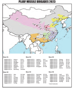 中国火箭军各个基地和旅的部署地点和武器类型。（source: "People’s Liberation Army Rocket Force Order of Battle 2023"报告截图)