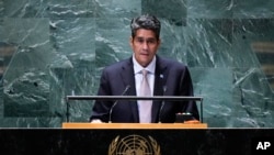 2023年9月19日，帛琉總統小蘇蘭格爾·惠普斯在聯合國總部舉行的第78屆聯合國大會上發表演說。 （美聯社照片）