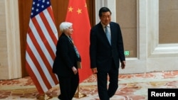 中國副總理何立峰在北京釣魚台國賓館會晤到訪的美國財長耶倫。（2023年7月8日）