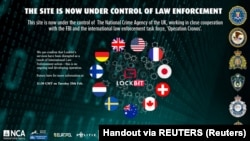 資料照片：2024年2月19日的截圖顯示，一個由全球情報機構結成的團體發布通知，宣告取締一個被稱為Lockbit的暗網網站。