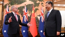 资料照片: 2023年11月6日澳大利亚总理阿尔巴尼斯(左)在北京人民大会堂会见中国国家主席习近平