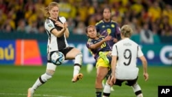 Colombia's Leicy Santos, centre, shoots on goal during the Women's World Cup Group H soccer match between Germany and Colombia at the Sydney Football Stadium in Sydney, July 30, 2023.