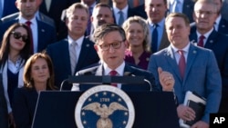 FILE - House Speaker Mike Johnson speaks during a news conference at the Capitol in Washington, Oct. 25, 2023. Congressional leaders have reached a deal on top-line spending levels for fiscal year 2024 that could help avoid a partial government shutdown later this month.