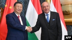 匈牙利總統舒尤克（Tamas Sulyok ）在布達佩斯總統府與造訪的中國國家主席習近平握手。 （2024年5月9日）