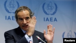 国际原子能机构总干事格罗西在日内瓦的记者会上。（2023年3月6日）