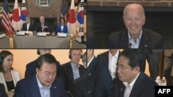 美国总统拜登、韩国总统尹锡悦和日本首相岸田文雄在拜登总统主持的、8月18日结束的三国戴维营峰会上。（法新社AFP照片）