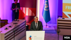 聯合國秘書長古特雷斯在卡塔爾首都多哈舉行的第五屆聯合國最不發達國家會議上講話。(2023年3月5日）