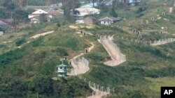 從中國吉林省一眼望三國觀景台看到的中國與北韓和俄羅斯的邊界。 (2023年9月12日)