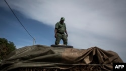 资料照片：2017年2月13日，在莫桑比克德尔加杜角省奔巴岛，莫桑比克林业警察的一名成员站在涉嫌运载非法木材的卡车顶部。（法新社照片）
