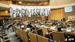 A general view of a banner showing the founders of the Organization of African Unity during the 60th anniversary of the organization that is now the African Union, at African Union headquarters in Addis Ababa, Ethiopia, on May 25, 2023. 
