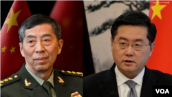 中國官媒報道，中國國防部長李尚福(左)被免除職務，前外交部長秦剛（右）的國務委員職務也被免除。 （2023年10月24日）