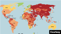 無國界記者公佈的2024年《世界新聞自由指數》展示的國際地圖。