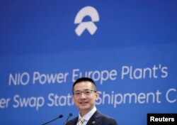 中國蔚來汽車聯合創始人、總裁秦力洪在匈牙利的蔚來汽車首建工廠的開幕式上講話。（2022年9月16日）