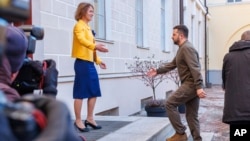 愛沙尼亞總理卡亞·卡拉斯在塔林會面訪問的烏克蘭總統澤連斯基（2024年1月11日）