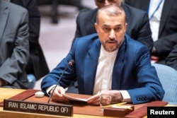 伊朗外长阿卜杜拉希扬在联合国安理会发言。(2024年4月18日)
