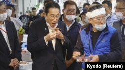 日本首相岸田文雄在東京一個水產品市場時食用福島附近水域打撈的海鮮。（2023年8月31日）