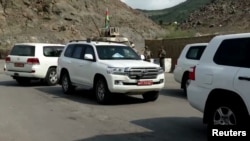 在视频截图中，联合国特派团车辆于 2023 年 10 月 1 日抵达阿塞拜疆拉钦的纳戈尔诺-卡拉巴赫。