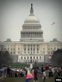 3月30日, 风和日丽，国会大草坪上也聚集了大批放风筝的群众 (美国之音/莫干生)