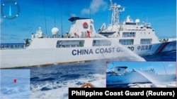 菲律賓海警隊2023年8月6日公佈中國海警船對菲方補給船發射水炮的照片。