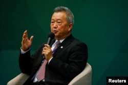 台灣漢翔董事長鬍開宏在台北舉行的美台國防產業合作論壇上講話。（2023年5月3日）