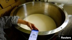 ທ່ານ ໂຕຊີມິ ເຕຣະຊາວະ ຫົວໜ້າຕົ້ມເຫຼົ້າຢູ່ໂຮງງານ Tokyo Port Brewing ກວດຄວາມສັ່ນສະເທື່ອນຢູ່ຖັງບ່ອນທີ່ລຳໂພງທີ່ກຳລັງລິ້ນເພງ ໄດ້ຖືກຕິດຕັ້ງຢູ່ກ້ອງຖັງນັ້ນ, ໃນນະຄອນຫຼວງໂຕກຽວ ຂອງຍີ່ປຸ່ນ ເມື່ອວັນທີ 9 ກໍລະກົດ 2024. REUTERS/Kim Kyung-Hoon