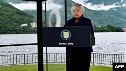 美國財政部長耶倫在意大利斯特雷薩出席G7財長會議期間發表演說。 （2024年5月23日）