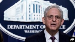 FILE - U.S. Attorney General Merrick Garland speaks during a news conference at the Justice Department in Washington, April 14, 2023.