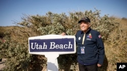 US veteran Andrew Negra poses for a photo after the commemoration organized by the Best Defense Foundation at Utah Beach near Sainte-Marie-du-Mont, Normandy, June 4, 2023, 