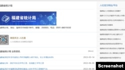 从国外已经无法进入福建省统计局的网站。该图是网页截屏，本网站小编试图点击蓝色背景的“福建省统计局”链接，鼠标下即出现一黄色可点击指示，但任何链接所指向的都是一空白页面。