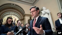 资料照片：美国众院议长约翰逊在国会对记者讲话。（2024年1月12日）