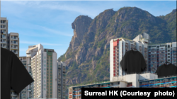 創作獅子山下巨型黑衣懸掛公屋。(圖片來源：Surreal HK)