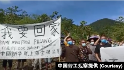 2022年3月29日，103名滯留印尼蘇拉維西超過五個月的中國工人，舉行抗議示威活動，要求回家、討還薪水。（中國勞工觀察提供）
