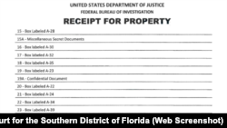 美國司法部聯邦調查局對海湖莊園搜查的財產收據。