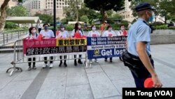 有建制派團體在終審法院外集會，要求中國全國人大常委會直接為《港區國安法》釋法，禁止非中國籍司法人員，包括法官，參與國安法的審訊。(美國之音 湯惠芸)