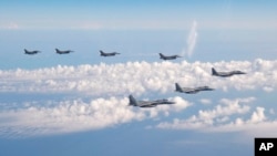 日本和美國戰鬥機2022年5月25日在日本海上空聯合巡航。（美聯社轉自日本自衛隊照片）