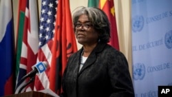 ແຟ້ມຮູບ-ທ່ານນາງລິນດາ ໂທມັສ-ກຣີນຟີລ, ເອກອັກຄະລັດຖະທູດຂອງສະຫະລັດ ປະຈໍາອົງການສະຫະປະຊາຊາດ ກ່າວ​ຄຳປາໄສ ຢູ່ທີ່ສໍານັກງານໃຫຍ່ອົງການສະຫະປະຊາຊາດ, ວັນທີ 27 ກັນຍາ 2022. 