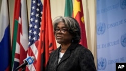 2022年9月27日，美國駐聯合國大使琳達·托馬斯-格林菲爾德在聯合國總部舉行的新聞發布會上。（美聯社照片）