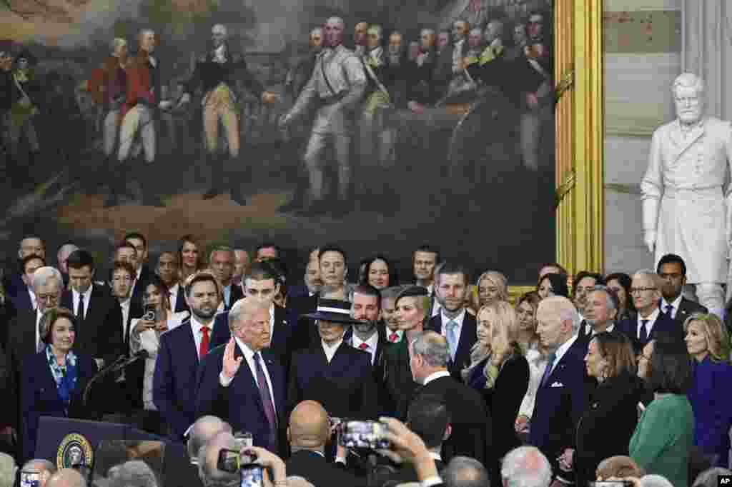 President-elect Donald Trump takes the oath of office during the 60th Presidential Inauguration in the Rotunda of the U.S. Capitol in Washington, Jan. 20, 2025. 