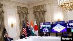 美國與日本、澳大利亞和印度領導人2021年3月12日舉行視訊四方峰會（路透社）
