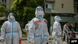 在上海的静安区，工作人员和自愿者正在一座小区内检查。该小区居民正在家中进行自我检测。