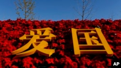 资料照：北京街头一处宣传爱国主义的花坛。