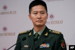 中國國防部發言人譚克非在東盟國防部長會議期間的一個記者會上。(2022年11月22日)