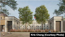 規劃中的中國駐英大使館新址電腦合成樣貌。(圖片來源：倫敦自治城鎮塔村（Tower Hamlets）區議會會議文件)