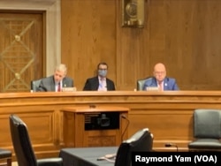 资料照：美国国会及行政当局中国委员会主席默克利参议员（左）与共同主席麦戈文众议员（右）在国会一个听证会上。