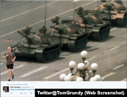 《外交政策》杂志的香港主编Tom Grundy在推特上发布了一张PS合成的“六四事件”图片（网页截屏）