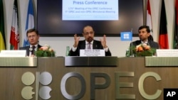 俄罗斯能源部长诺瓦克、沙特阿拉伯能源、工业和矿产资源部长、阿联酋能源部长马兹鲁伊共同出席欧佩克新闻发布会。（2018年12月7日）