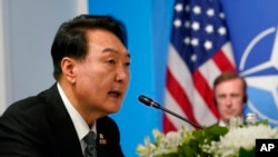 南韓總統尹錫悅在馬德里北約峰會上發表講話。（2022年6月29日）